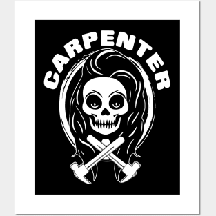 Female Carpenter Skull and Hammer White Logo Posters and Art